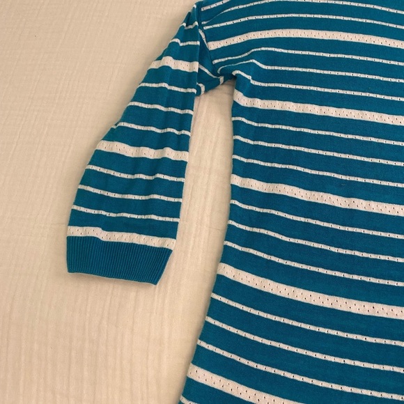 Talbots Teal White Striped Linen Blend 3/4 Length Sweater Shirt Medium Petite - Picture 5 of 16